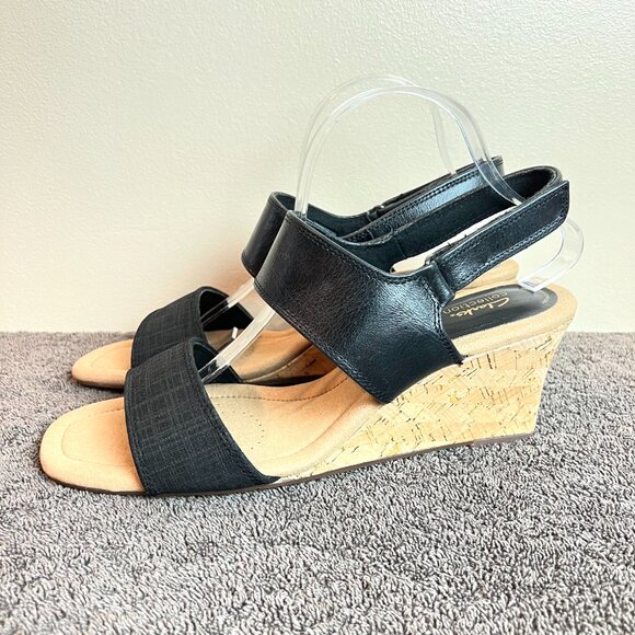 Clarks Womens Kyarra Faye‎ Black Leather Cork Wedges Sandals Shoes 12M New - Picture 7 of 14